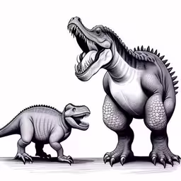 two dinosaurs in the same pose with each other,two dinosaurs in black and white, one with a large head