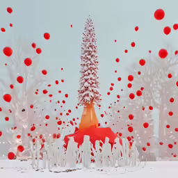 some red balls flying and trees in the snow