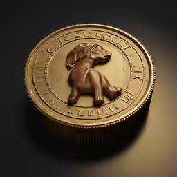 a golden puppy medallion on top of a black surface