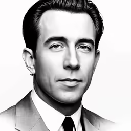 this is a black and white photo of a man in a suit
