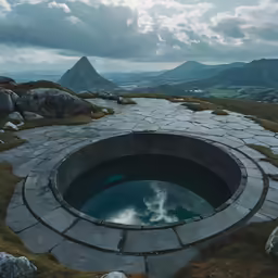 an outhouse on the side of a mountain, with a small pool