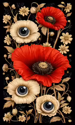 two large red flowers are with an eye