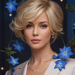 a woman with a very elegant outfit with blue flowers