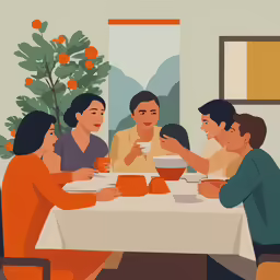 illustration of four people sitting down to eat together at a table