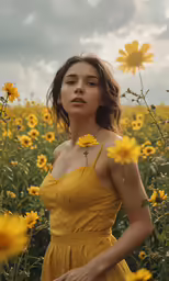 woman in sunflower field with dramatic sky background
