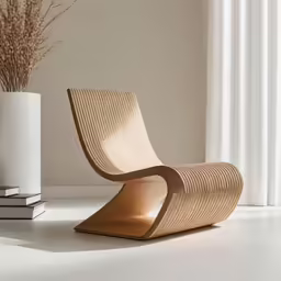 a chair and vase on a white table next to a window