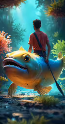 man on the back of a big fish in the middle of a forest,the man is riding on the large fish