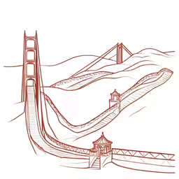 an artistic drawing of a suspension bridge on a mountain