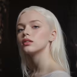 a blond woman with pink lips is photographed by an artistic artist