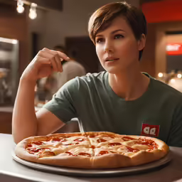 a girl sitting at a table with a pizza on it