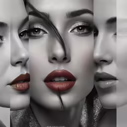 four different pictures of woman with long lashes and lips