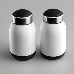two white containers on a grey background with black lids