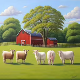 five sheep standing in a pasture with a barn and trees,there are many sheep standing in a grass field next to the barn