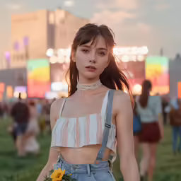 a young girl wearing a crop top with suspenders in front of a crowd