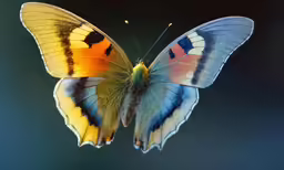 a close - up of a multi - colored butterfly with a single wing