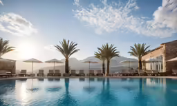 a pool with chairs, palm trees and umbrellas in the sun