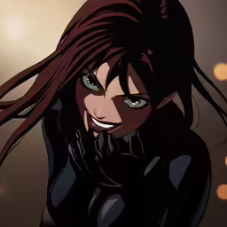 an anime with long hair and red eyes