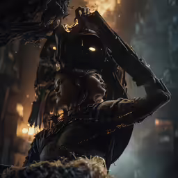a close up of an alien with a woman holding a giant gun