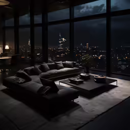 dark living room with a big window view
