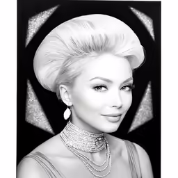 a woman with large hair wearing an elegant necklace and necklace