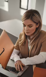 a woman using a laptop computer in an office