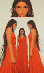 three beautiful women in orange dresses are shown