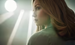 woman in green blouse looking away with white light streaming from her head
