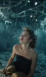 a woman is sitting on the ground
