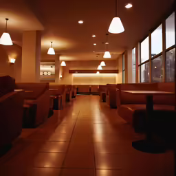 the dining area of an open restaurant with a lot of lighting