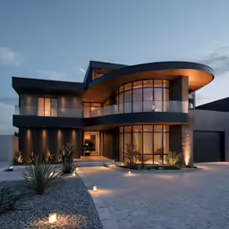 a modern home is lit up at night