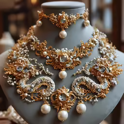 the gold brooche has many pearls on it