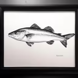 the fish is hanging in a black frame