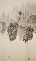 several rocks in a lake on a foggy day