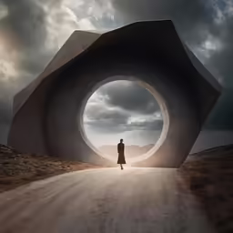 a man stands inside of a circular building in the middle of a road