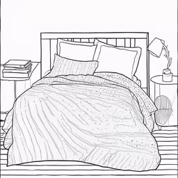 a bed with a comforter, sheets, pillows and bedside tables