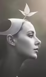 a woman is in profile with a leaf on her head