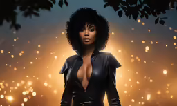 woman in black leather suit with trees and lights in the background