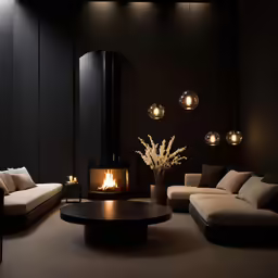 a black living room with a fireplace next to it