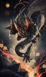 a dragon attacking through the air with fire on its head