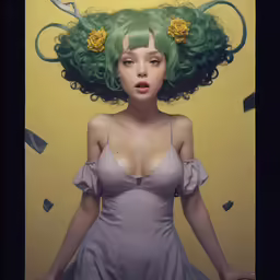 a painting of a girl with green hair wearing a dress