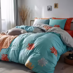 a bed covered in blue and orange sheets and pillows