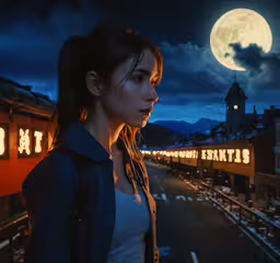 woman looking down at the night on the train station,a woman in black jacket looking away from the camera at night