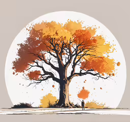 a painting of a tree in fall,the painting has a picture of a tree and the man is under it