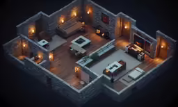 a computer generated model of a room with couches and fireplace