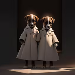 two dogs in trenchcoats standing in front of a window