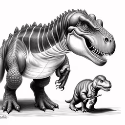 an adult dinosaur and baby t - neck, done in pencil,an adult dinosaur with its baby walking,a mother t - rex and a baby dinosaur,the mother dinosaur walks beside her baby in this black and white drawing,a mother dinosaur with her baby in black and white