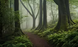 a trail through the woods surrounded by ferns and trees