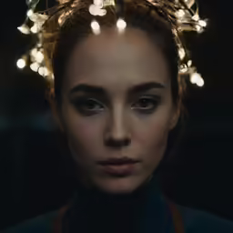 a close up of a woman with lights on her hair