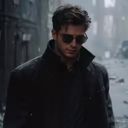 a man in a black jacket and sunglasses walking in the street