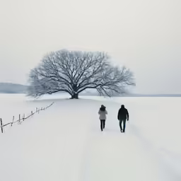 two people walk together in the snow past a large tree